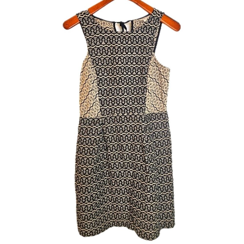 Loft Navy & Tan Sleeveless Preppy Cottagecore Geometric Pattern Shift Dress - Picture 3 of 8
